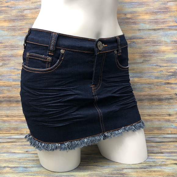 Denim Mini Skirt Embroidered Fringe Raw Hem - Picture 7 of 13